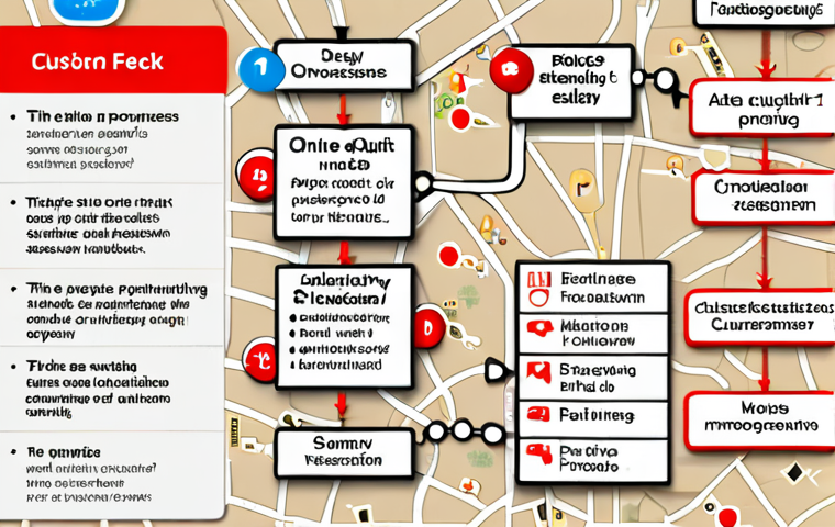 **Image Prompt:** A customer journey map visualization highlighting pain points in an online shopping experience, such as complex search filters and difficult checkout processes. Data analytics icons and customer feedback bubbles illustrate data-driven decision-making for improvements.