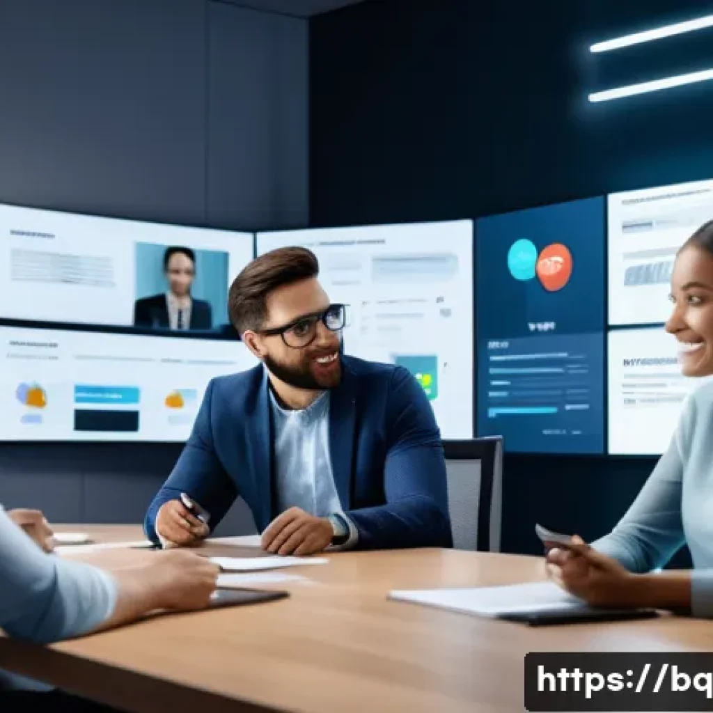고객 피드백 기반의 혁신적인 비즈니스 모델 - A modern office scene showing diverse employees engaged in a real-time customer feedback meeting, mu...