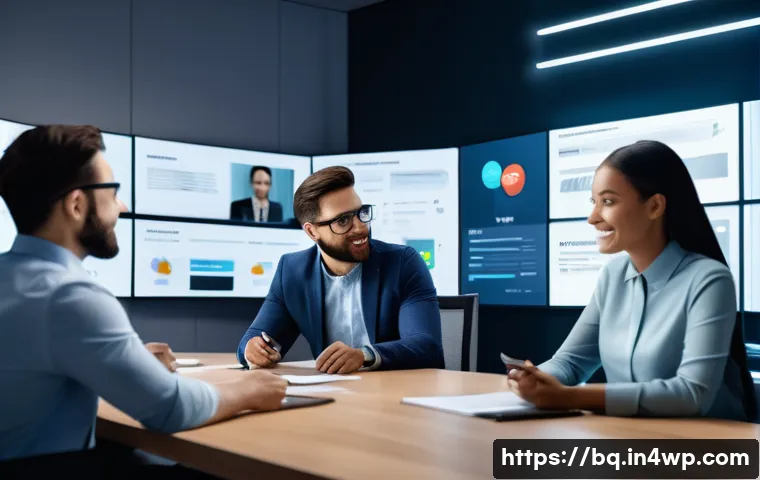 고객 피드백 기반의 혁신적인 비즈니스 모델 - A modern office scene showing diverse employees engaged in a real-time customer feedback meeting, mu...
