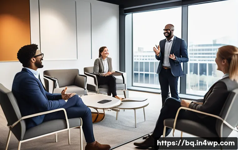 고객 피드백 시스템 구축을 위한 고객 참여 증진 방법 - A diverse group of professionals engaged in a warm, genuine conversation in a modern office lounge, ...