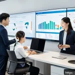 Home 19 고객 피드백 시스템의 통합 운영 전략 - A modern corporate office scene showing a diverse team of professionals collaborating around a large...