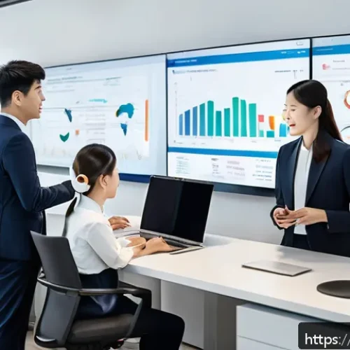 Home 31 고객 피드백 시스템의 통합 운영 전략 - A modern corporate office scene showing a diverse team of professionals collaborating around a large...