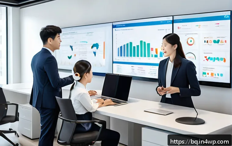 고객 피드백 시스템의 통합 운영 전략 - A modern corporate office scene showing a diverse team of professionals collaborating around a large...